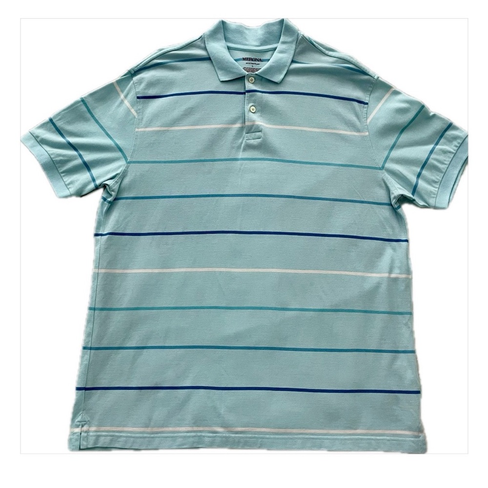 Merona 100% Cotton Light Blue Striped Polo Shirt Men’s Size L
